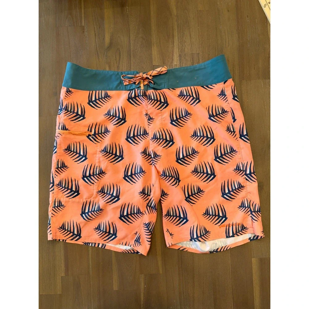 Patagonia Mens Board Shorts 33 Orange Blue‎ Palm Leaf Print Swim Trunks